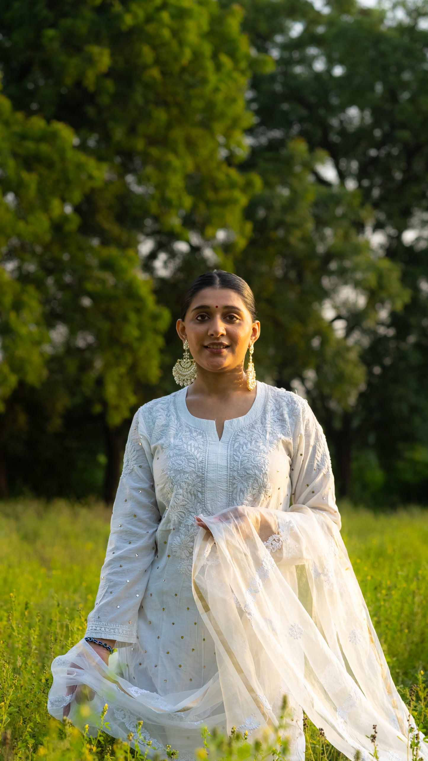 WHITE CHANDERI SILK MUQAISH KURTA