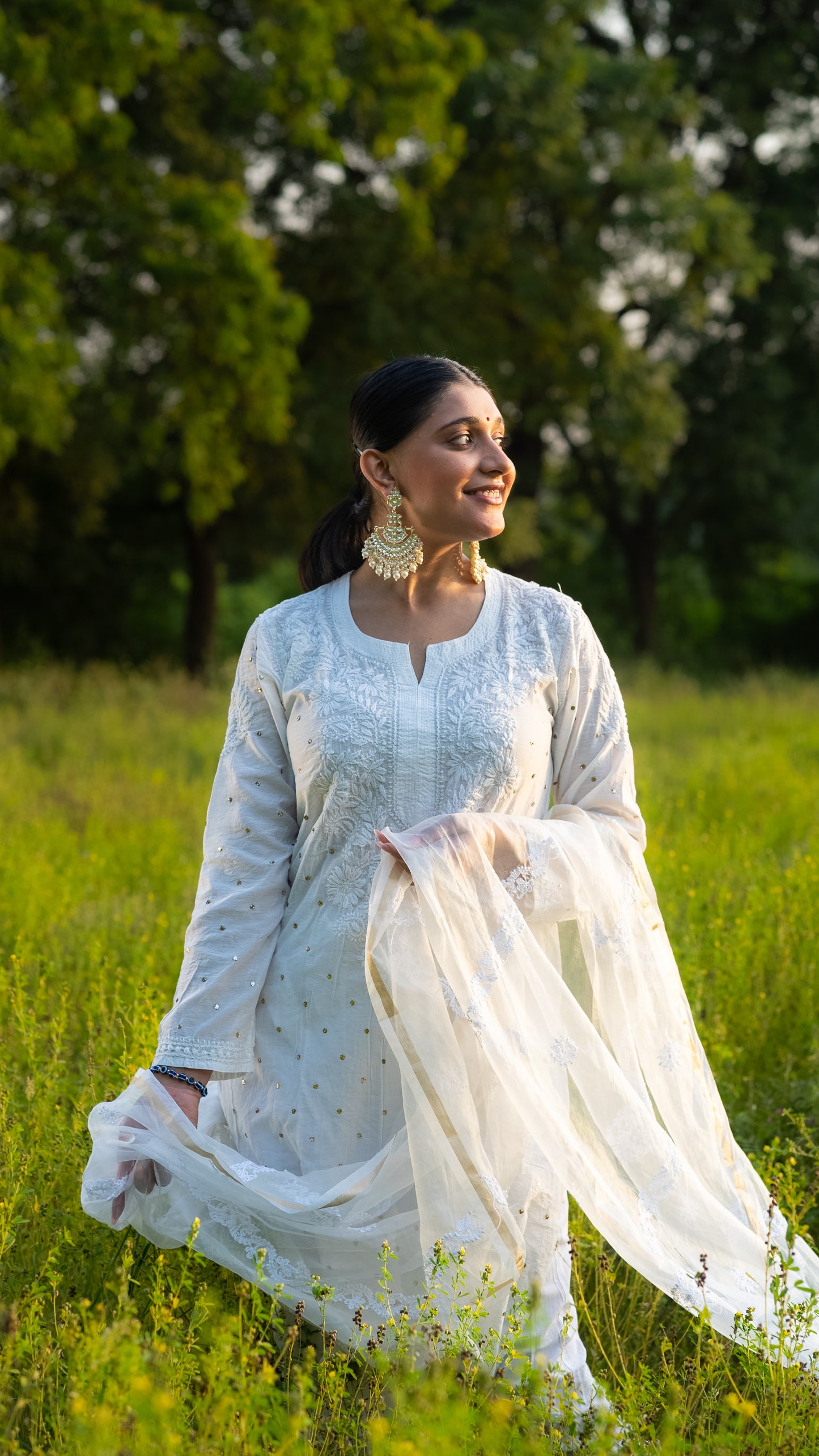 WHITE CHANDERI SILK MUQAISH KURTA