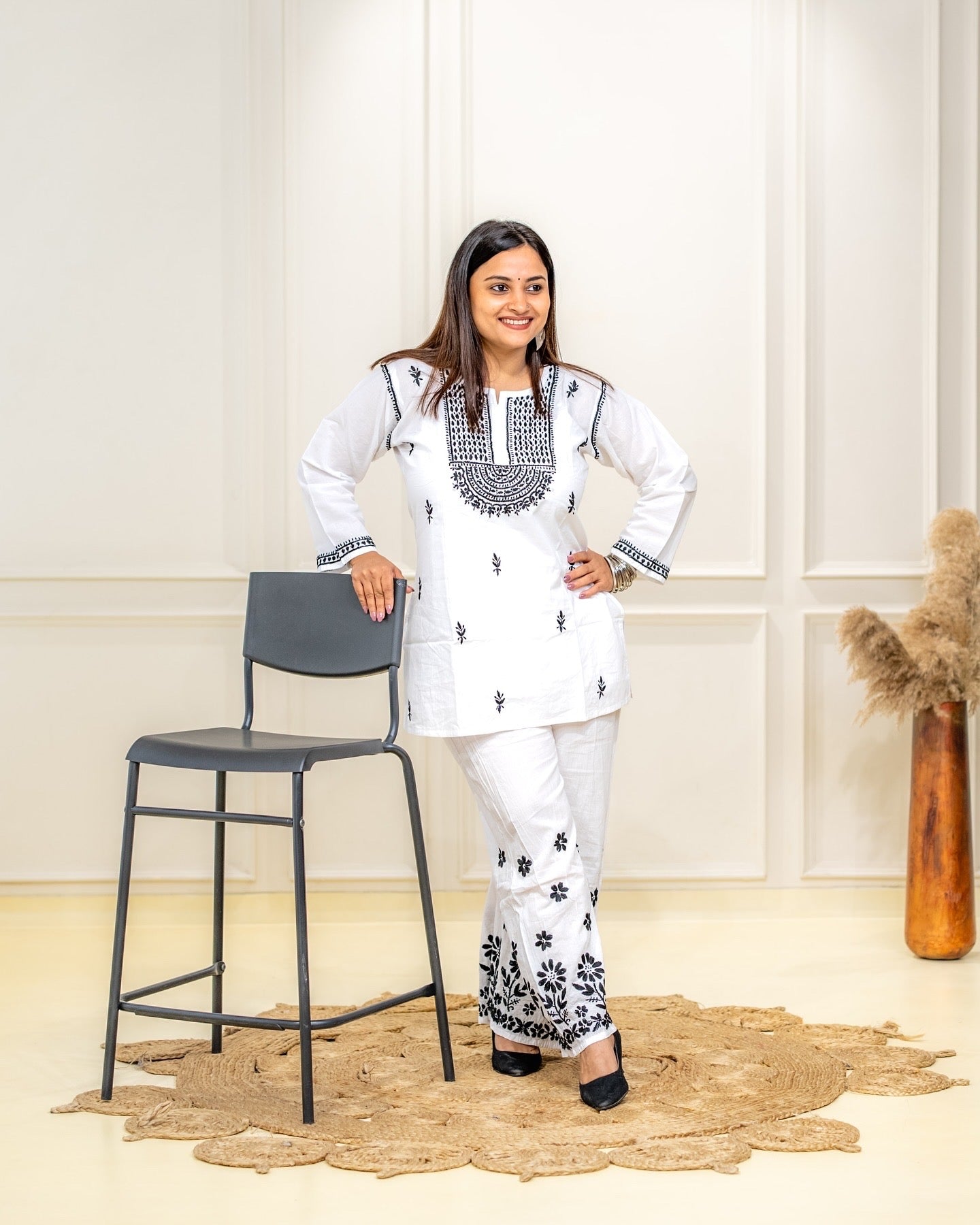 Cotton Chikankari Coord Set B&W