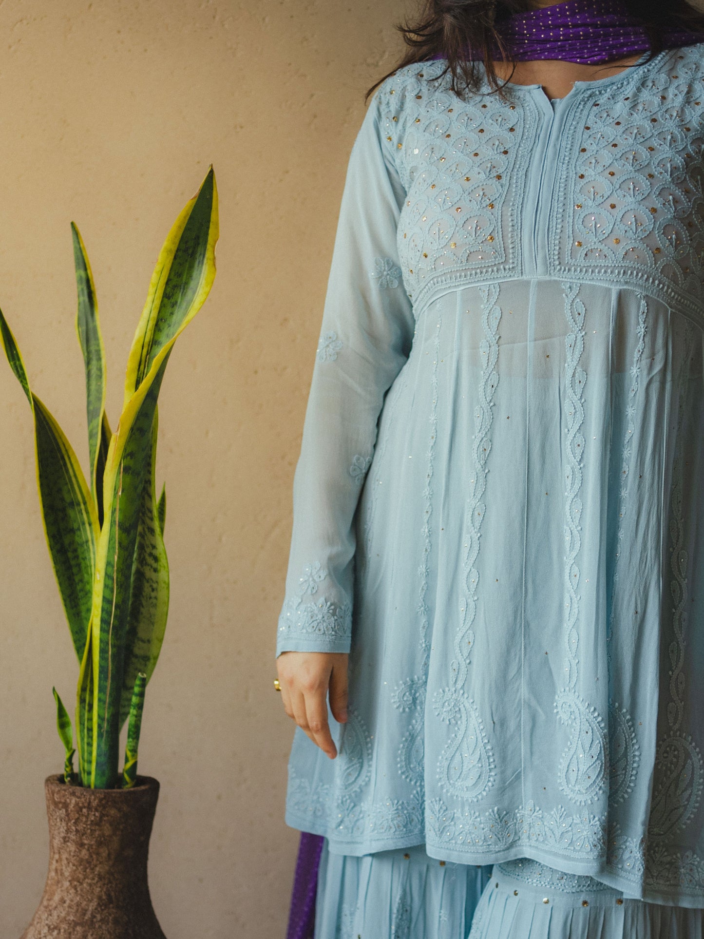 Powder Blue Chikankari Anarkali Sharara Set