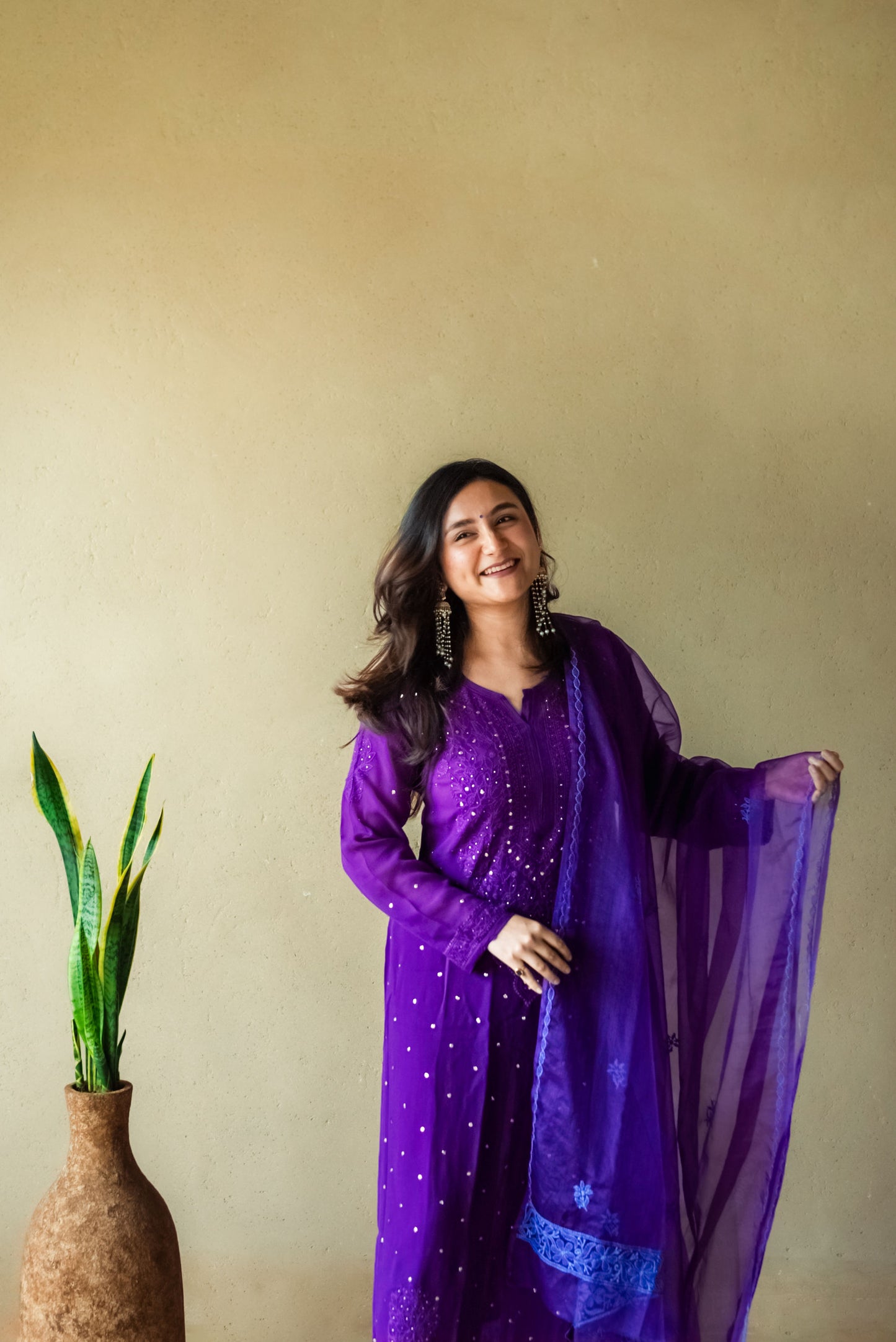 Purple Chikankari Kurta Set with Organza Dupatta