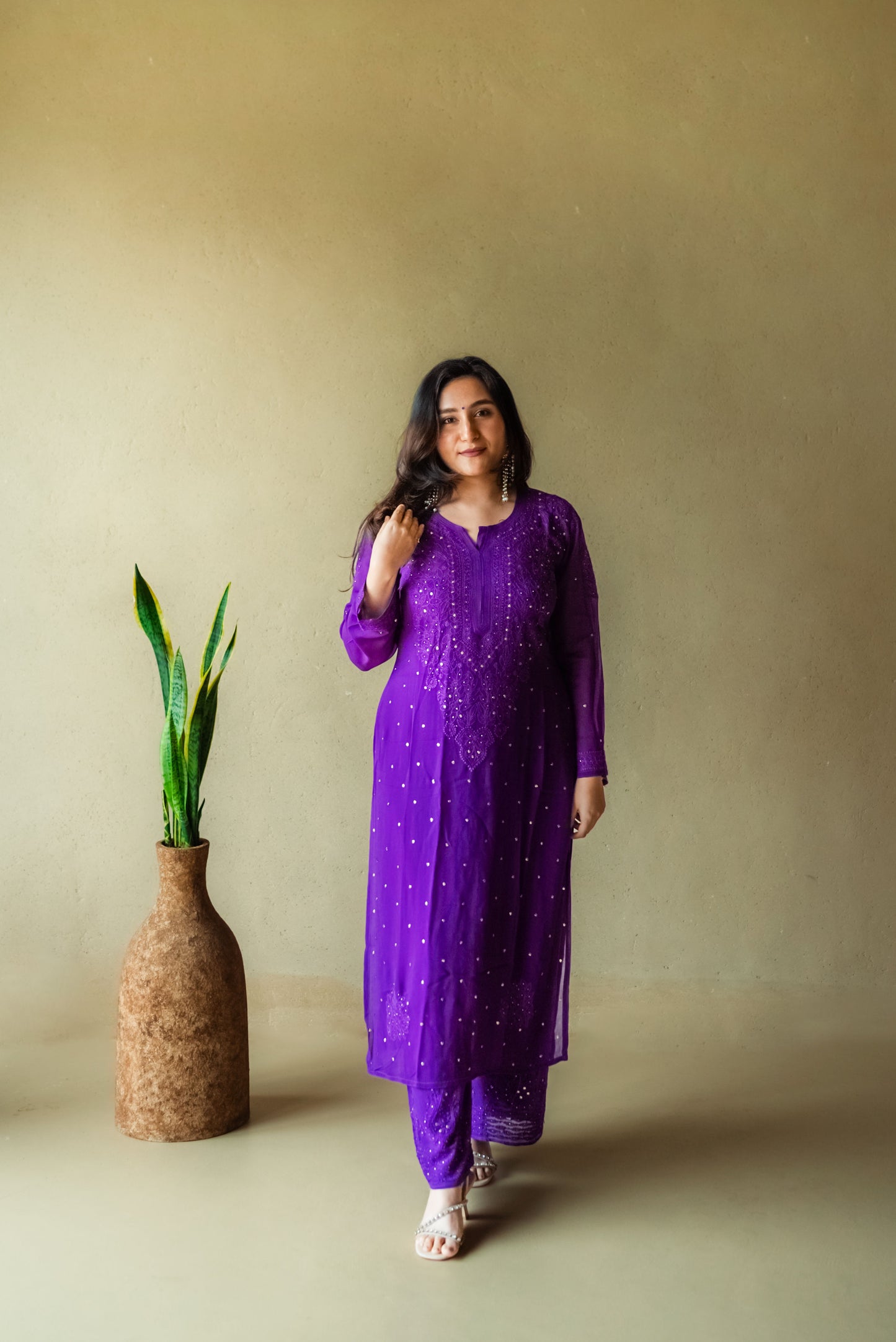 Purple Chikankari Kurta Set with Organza Dupatta