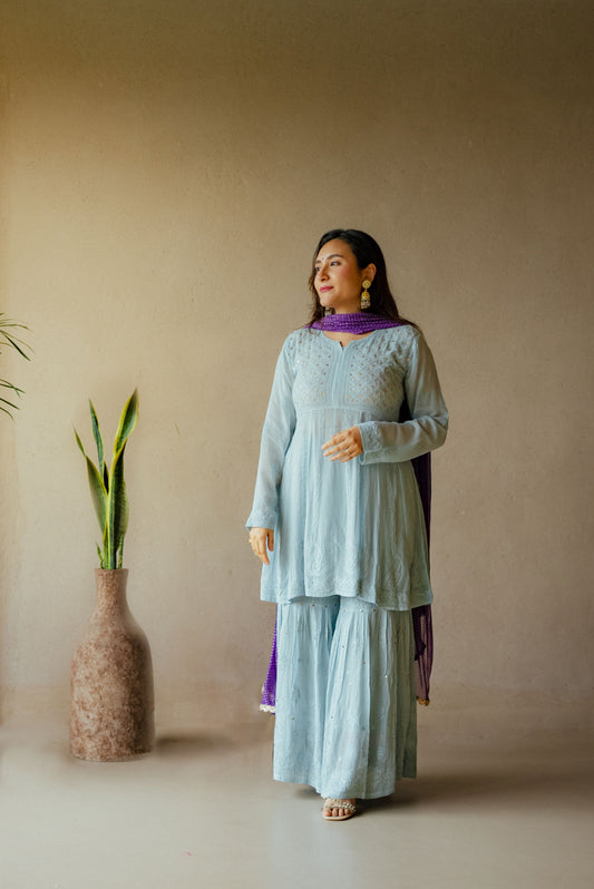 Powder Blue Chikankari Anarkali Sharara Set