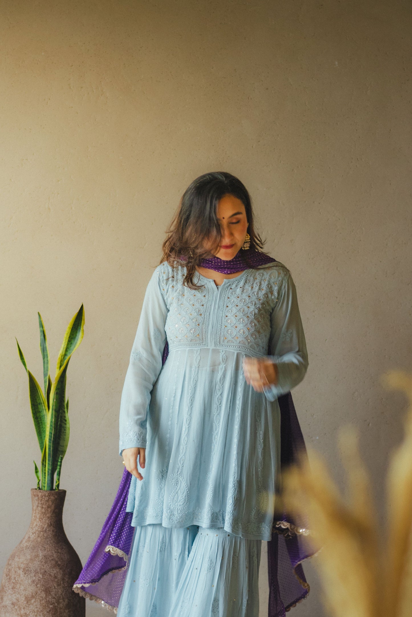 Powder Blue Chikankari Anarkali Sharara Set