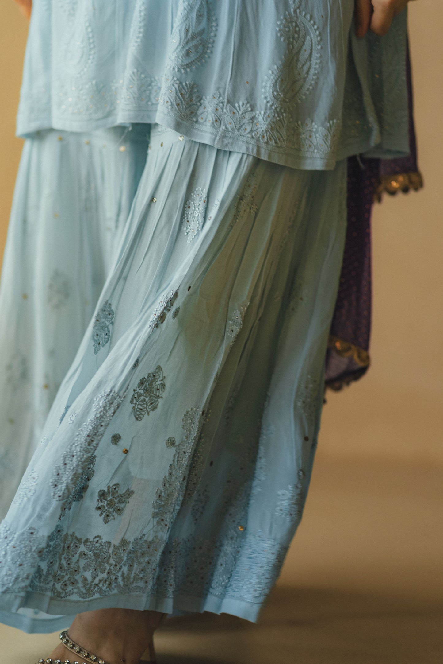 Powder Blue Chikankari Anarkali Sharara Set