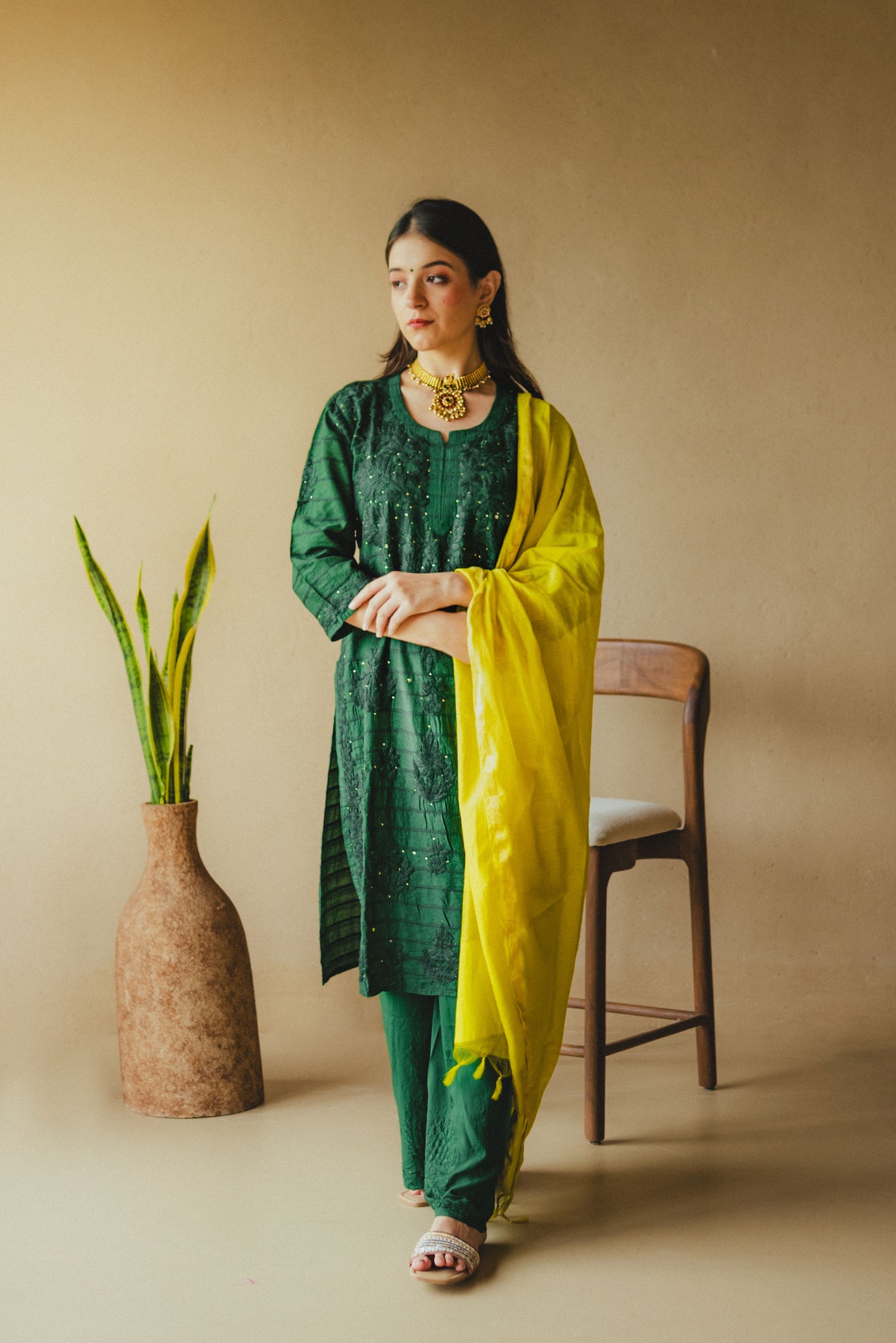 Dark Green Chanderi Silk kurta set