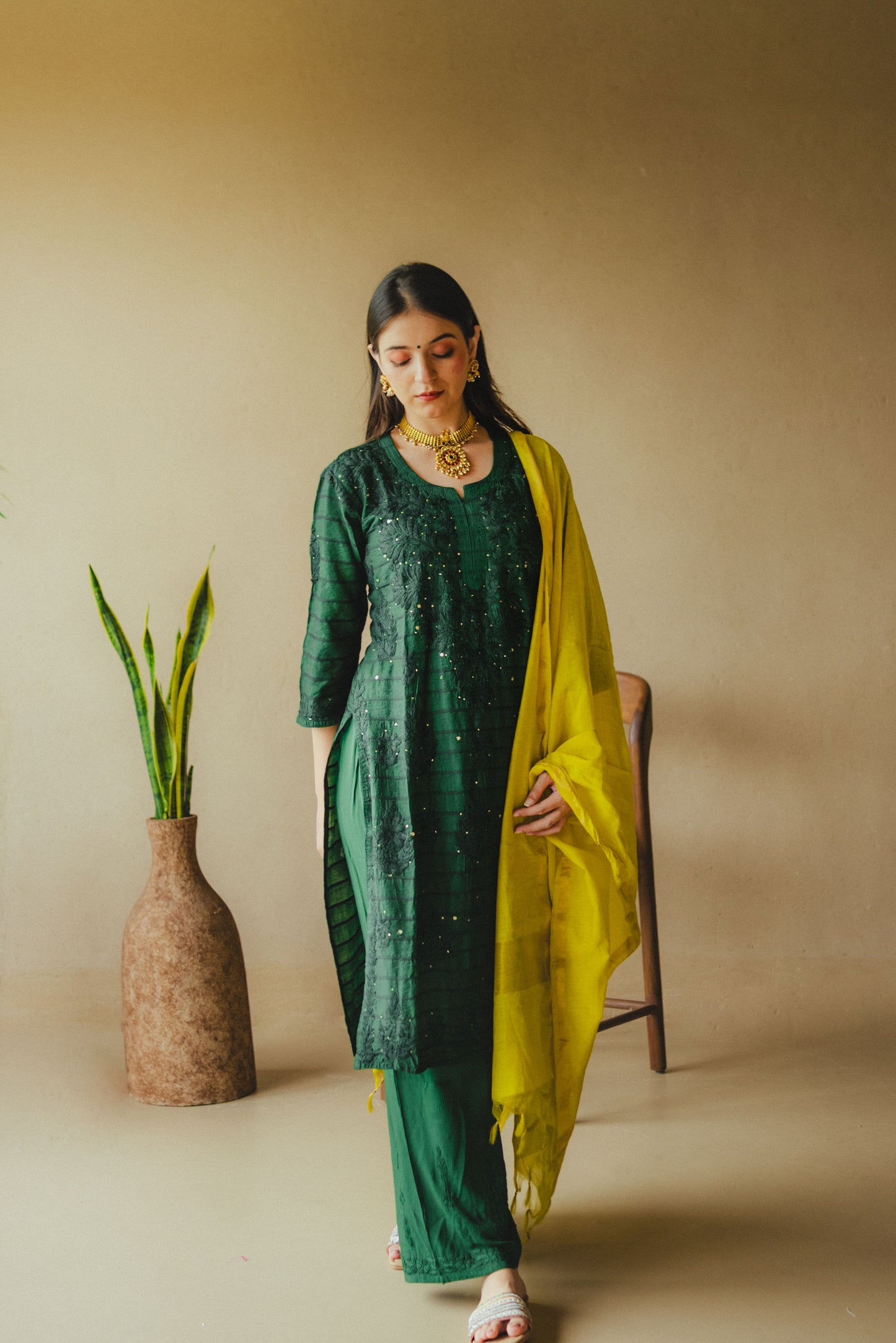 Dark Green Chanderi Silk kurta set