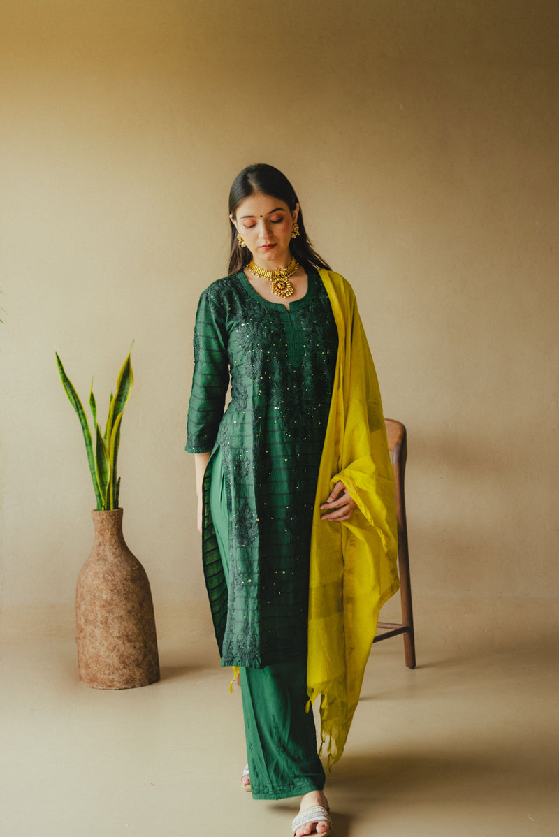 Chanderi Chikankari Silk kurta set